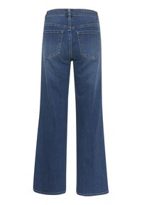 Vaqueros de pierna ancha en denim azul oscuro. Presentan dos bolsillos traseros con detalles de costura y una cintura limpia. Textura suave con un ligero brillo.