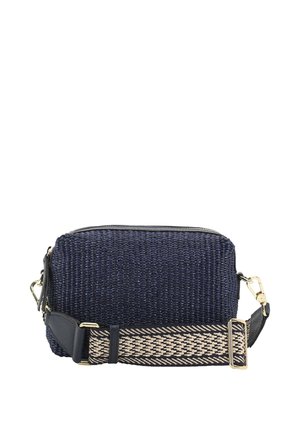 Rectangular navy woven crossbody bag with black and beige patterned adjustable strap and gold-tone hardware.