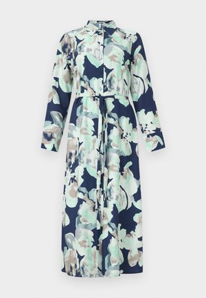 Langærmet skjortekjole med abstrakt blomstermønster i marineblå, mintgrøn og beige, knaplukning foran, krave og matchende stofbælte i taljen.