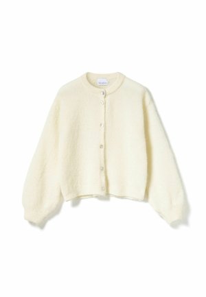 Kremowy, krótkotrwały kardigan wykonany z miękkiego, puszystego materiału. Posiada okrągły dekolt, zapięcia na guziki z przodu oraz balonowe rękawy.