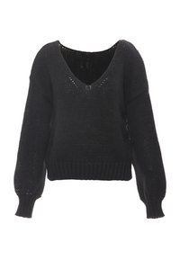 Maglione nero lavorato a maglia con maniche lunghe, scollatura a V e orlo a coste. Vestibilità ampia, tessuto testurizzato con spessori variabili.