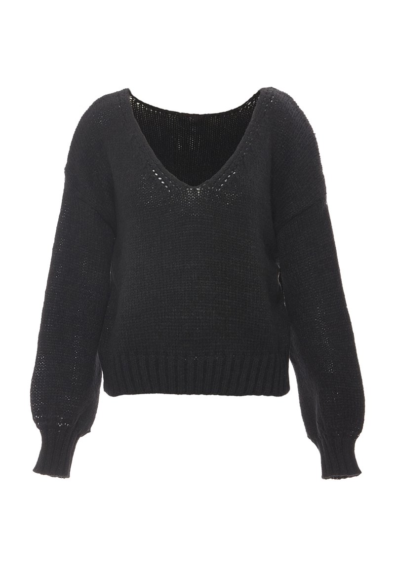 Maglione nero lavorato a maglia con maniche lunghe, scollatura a V e orlo a coste. Vestibilità ampia, tessuto testurizzato con spessori variabili.