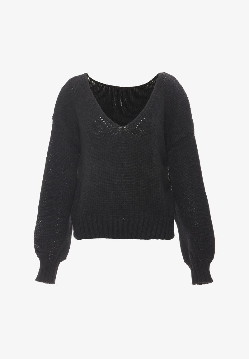 Maglione nero lavorato a maglia con maniche lunghe, scollatura a V e orlo a coste. Vestibilità ampia, tessuto testurizzato con spessori variabili.