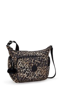 Borsa a tracolla con stampa leopardata realizzata in tessuto, dotata di una cerniera nera, di un patch con logo e di un accento pom-pom. Include una tracolla regolabile.