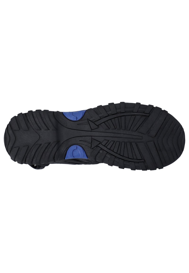 Suela de zapato de goma negra con surcos profundos, con inserts de acolchado azul y ranuras direccionales para tracción. Diseño duradero y texturizado.