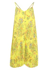 Robe fleurie jaune avec des bretelles spaghetti, design plissé, présentant des fleurs et des feuilles multicolores, en tissu léger et avec une coupe ample.