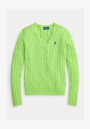 Zielony sweter w serek, z rękawami i brzegiem wykończonymi ściągaczem oraz małym logo na piersi. Wykonany z fakturowanej dzianiny.