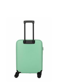 Hartschalentrolley in Minzgrün, mit einem ausziehbaren schwarzen Griff, vier schwarzen Rädern und einem Reißverschluss an einer Seite.