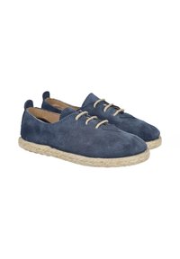 Zapatos de ante azul marino con punta redonda y cordones beige, con suela de cuerda de yute y diseño bajo, que ofrecen una apariencia casual.