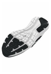 Semelle de chaussure de sport noir et blanc avec un tread en caoutchouc noir texturé et une semelle intermédiaire blanche, présentant divers motifs de traction moulés directement.