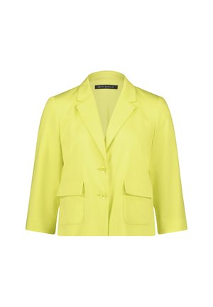 Blazer jaune vif pour femme avec revers à encoches, deux boutons sur le devant, poches à rabat et manches trois-quarts.
