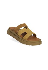 Bruine suede schuifsandaal met twee brede banden, een open teen en een dikke rubberen zool. Heeft een gestructureerd oppervlak en een lichte hak.