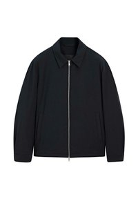 Black jacket with a collared neckline, front zipper closure, and side pockets. Made of a smooth material with a slightly relaxed fit.