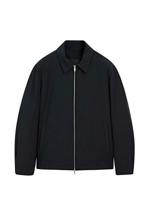 Black jacket with a collared neckline, front zipper closure, and side pockets. Made of a smooth material with a slightly relaxed fit.