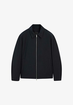 Black jacket with a collared neckline, front zipper closure, and side pockets. Made of a smooth material with a slightly relaxed fit.