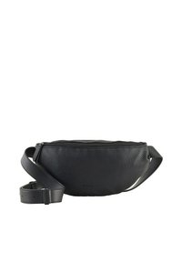 Bolso cruzado de piel negra con superficie texturizada, forma curva y correa ajustable. Cuenta con un cierre superior de cremallera para un fácil acceso.
