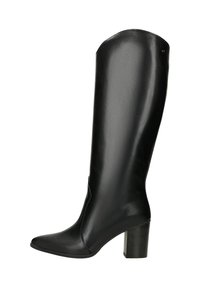 Czarne skórzane kozaki za kolano z ostrym czubkiem i słupkowym obcasem. Gładka faktura o eleganckim designie, bez widocznych elementów metalowych ani ozdób.