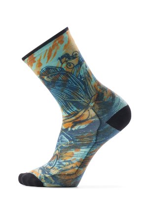 Sock with colorful abstract pattern in blue, orange, and black, featuring a black toe and heel, displayed on a raised foot mannequin.