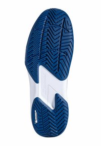 Schoenzool met een blauwe rubberen loopvlak met een zigzagpatroon, branding van Michelin en Babolat, en een witte accent bij de hak.