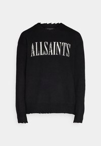 Svart stickad tröja med rund hals, fransig nederkant och vitt "ALLSAINTS"-logotyp över framsidan. Mjuk textur med ribbad mudd.