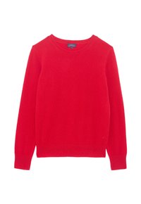Maglione rosso a maglia con maniche lunghe, collo rotondo e polsini e orlo a coste. Realizzato in materiale morbido, con una texture liscia.