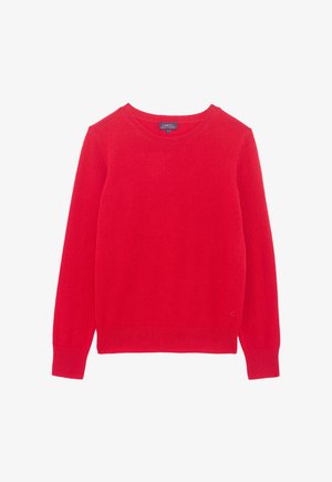 Maglione rosso a maglia con maniche lunghe, collo rotondo e polsini e orlo a coste. Realizzato in materiale morbido, con una texture liscia.