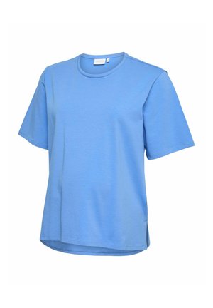 T-shirt azzurro chiaro a maniche corte con scollo rotondo, vestibilità comoda e leggere spacchi laterali sull'orlo, su sfondo bianco.