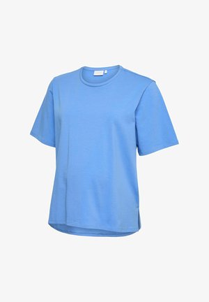 T-shirt azzurro chiaro a maniche corte con scollo rotondo, vestibilità comoda e leggere spacchi laterali sull'orlo, su sfondo bianco.