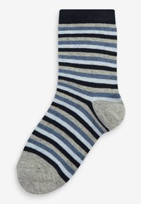 Calzino a righe con colori navy, grigio e azzurro, con bordo a costine e tallone rinforzato, realizzato in morbido materiale misto cotone.