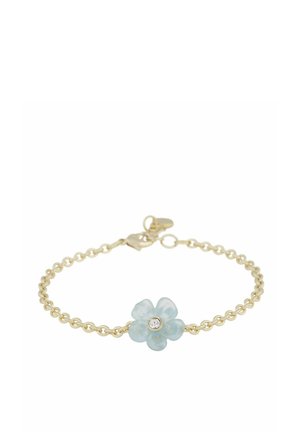 Gold chain bracelet with a light blue translucent flower charm featuring a central clear gemstone.