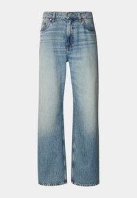 Light blue denim jeans with a wide-leg cut, featuring a faded wash, five-pocket design, and metal button closure at the waist.