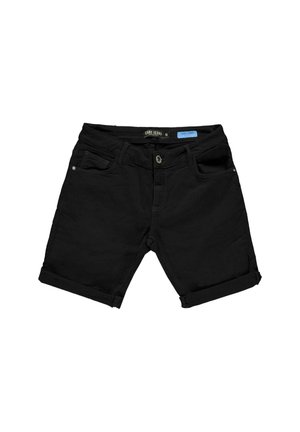 Zwarte denim shorts met een opgerolde zoom, voorzien van een standaard tailleband, voorzakken en een knoopsluiting. Duurzaam materiaal met een gladde textuur.