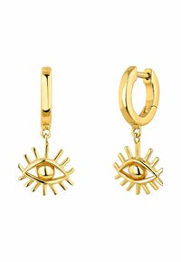 Pendientes de aro de oro con motivos de ojos colgantes. El ojo presenta rayos que se extienden desde el centro, acabado pulido y diseño de cierre seguro.