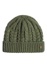 Green knit beanie with a textured cable design and ribbed cuff. Includes a small circular logo tag on the side. Soft wool blend material.