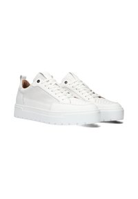 White sneakers with a textured upper, smooth leather accents, round toe, thick white sole, and textured heel tab.