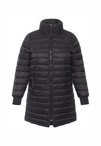 Giacca puffer nera con colletto alto, design trapuntato, chiusura frontale con zip e tasche laterali. Presenta polsini a coste e una silhouette lunga.