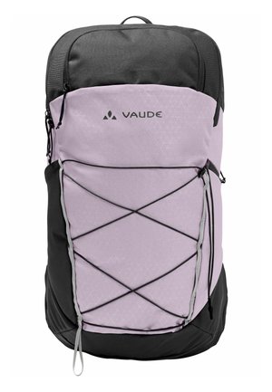 Mochila Vaude negra y morado claro con almacenamiento frontal de cordón elástico y compartimento superior con cremallera.