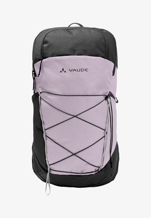 Zaino Vaude nero e viola chiaro con sistema di conservazione frontale a corda elastica e compartimento superiore con cerniera.