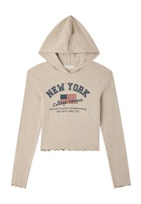 Hoodie beige cropped con texture a coste, con stampa "NEW YORK" e bandiera americana. Design con cappuccio, orlo ondulato e maniche lunghe.