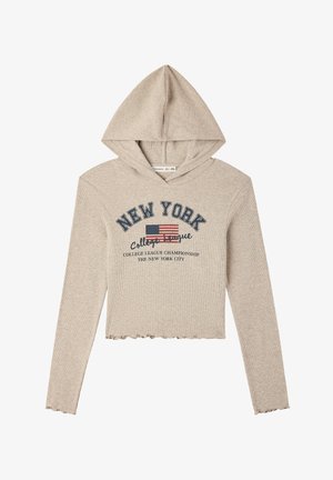 Przycięta beżowa bluza z kapturem o rypsowym wzorze, z nadrukiem "NEW YORK" i amerykańską flagą. Z kapturem, z falbanowym dołem i długimi rękawami.