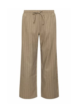 Pantalones beige de pierna ancha con rayas verticales, cintura elástica y cordón delantero.