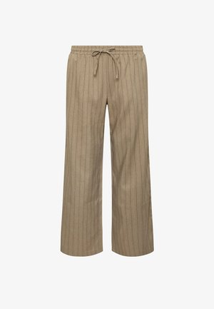 Pantalones beige de pierna ancha con rayas verticales, cintura elástica y cordón delantero.