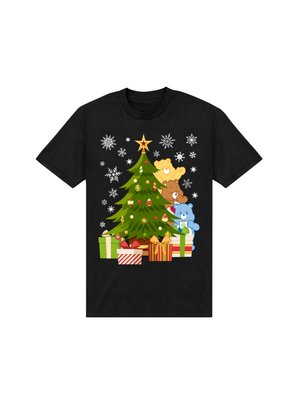 Black T-shirt featuring a graphic of a Christmas tree with teddy bears and presents, accented by snowflakes and a star on top.