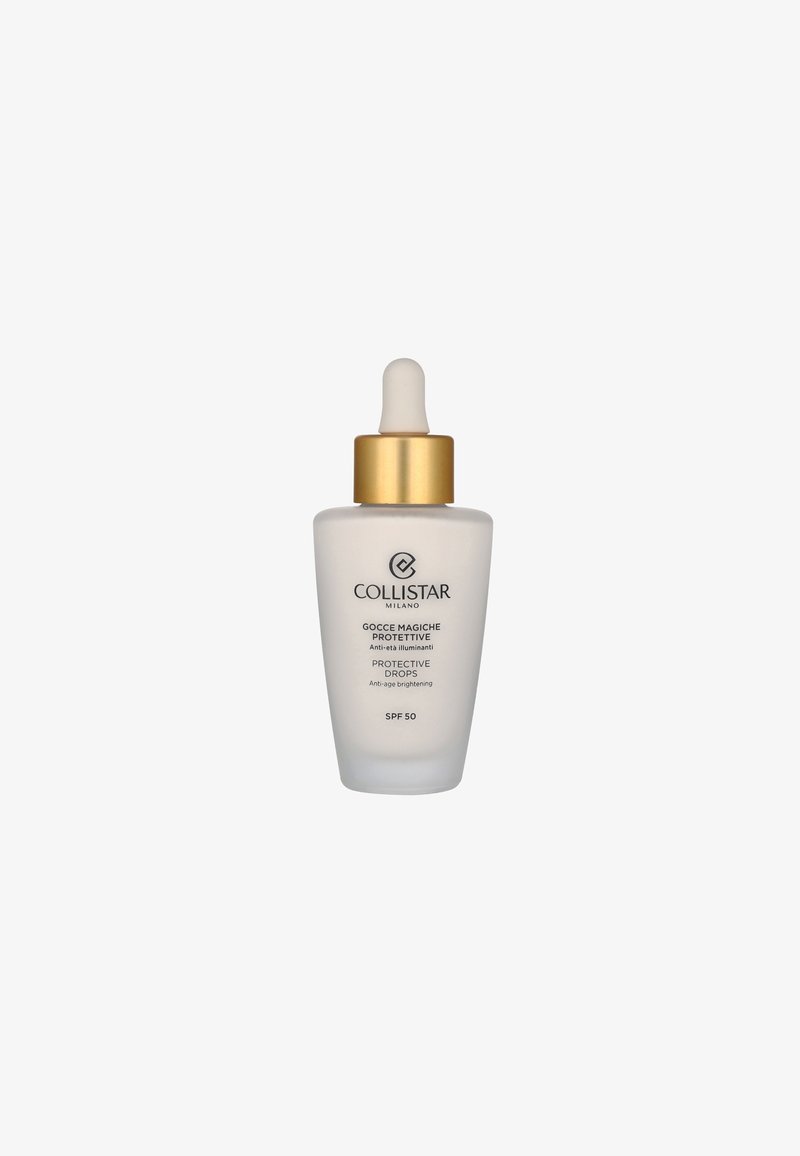 Bottiglia di vetro bianco frosted con un tappo contagocce dorato. L'etichetta mostra il nome "Collistar" e il nome del prodotto, che indica gocce protettive anti-invecchiamento con SPF 50.