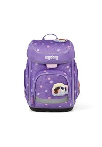 Mochila morada con un acabado brillante, que presenta un patrón de olas y lunares. Incluye un bolsillo frontal y acentos decorativos con temática ecuestre.