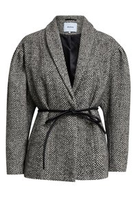 Grå og hvid fiskebensmønstret jakke med en sort satin inderside, en sjalskrave og en bælte i taljen for justerbar pasform.