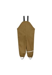 Brown waterproof overalls with black shoulder straps, elastic cuffs, and a white reflective stripe near the bottom. Smooth texture.
