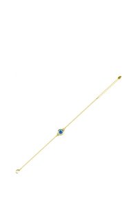 Bracciale in oro con una pietra blu centrale, di forma rotonda, superficie liscia, con un delicato gancio regolabile.