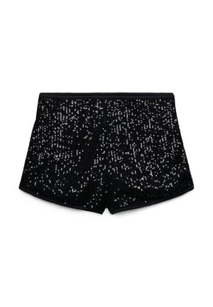 Shorts neri a vita alta coperti da piccoli paillettes lucenti con una fascia in vita liscia e un orlo dritto.