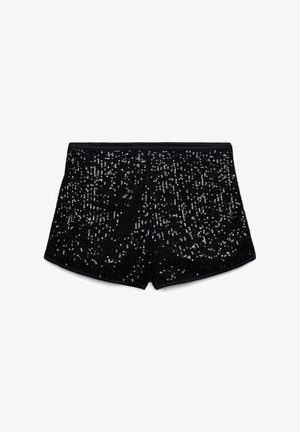 Shorts neri a vita alta coperti da piccoli paillettes lucenti con una fascia in vita liscia e un orlo dritto.